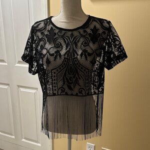 SHEIN Black Lace Fringe Blouse
